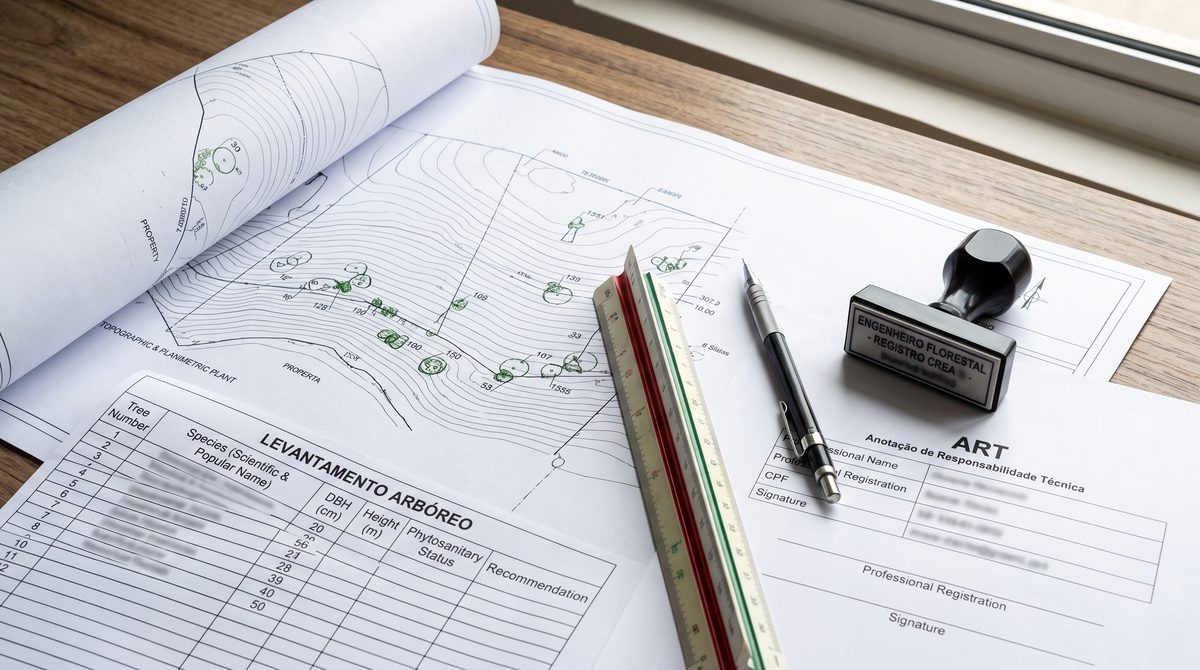 Planta planialtimétrica com árvores marcadas, tabela de levantamento arbóreo, escalímetro e carimbo de ART sobre a mesa